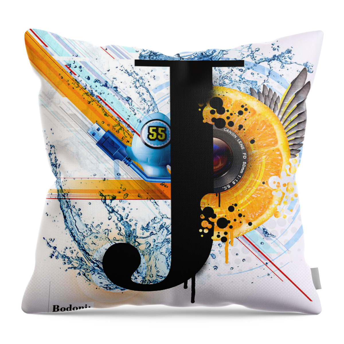 Bodoni Throw Pillow featuring the digital art Bodoni J by Samuel Whitton