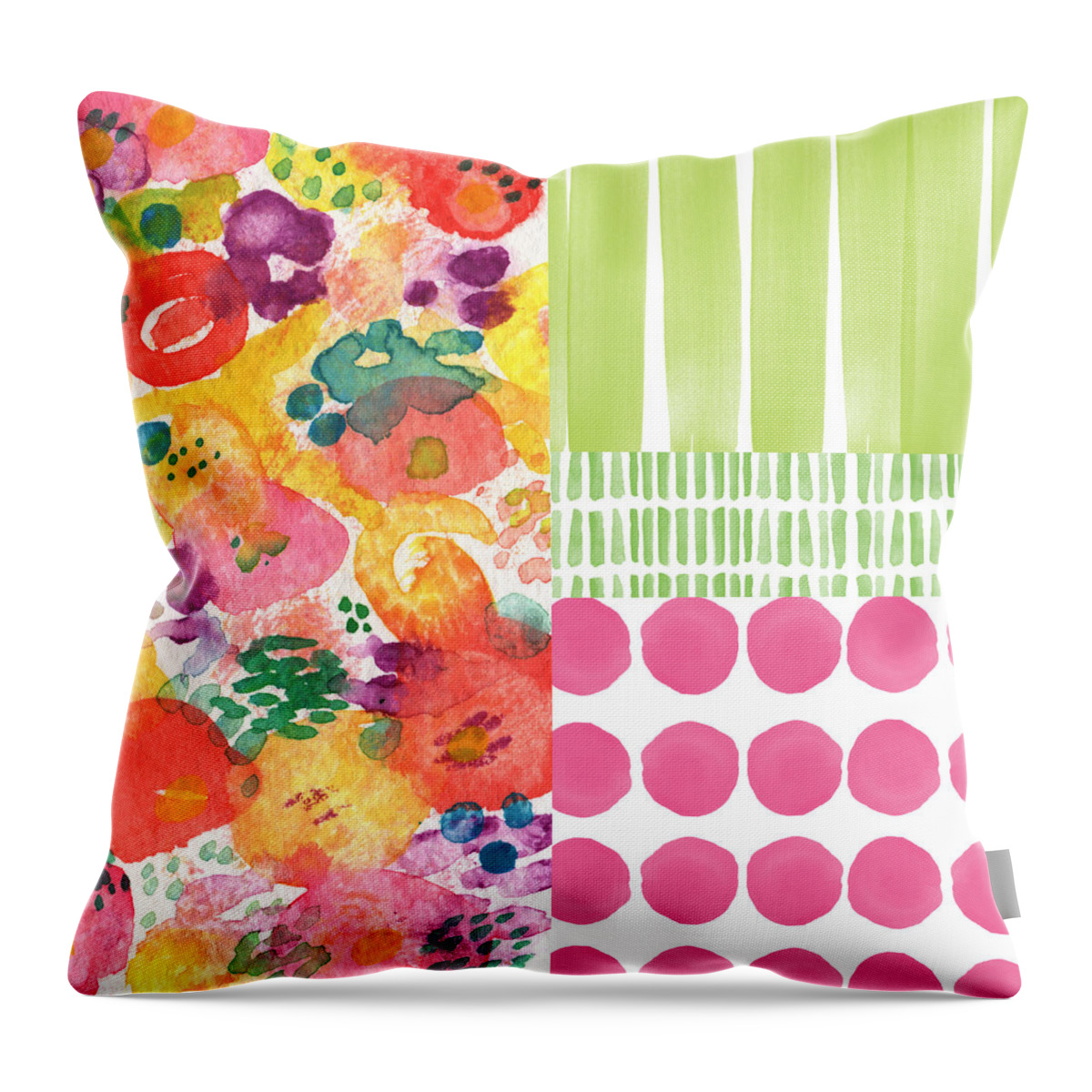 Flowers Throw Pillow featuring the painting Boho Garden Patchwork- floral painting by Linda Woods