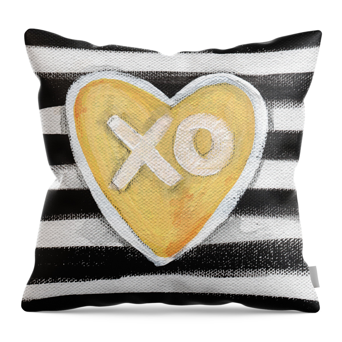 Love Heart Valentine Romance Stripes Black White Yellow Grey Pop Art Contemporary Art Watercolor Ink Painting Xo Family Friend Wife Husband Bedroom Art Kitchen Art Living Room Art Gallery Wall Art Art For Interior Designers Hospitality Art Set Design Wedding Gift Art By Linda Woodspillow Throw Pillow featuring the painting Bold Love by Linda Woods