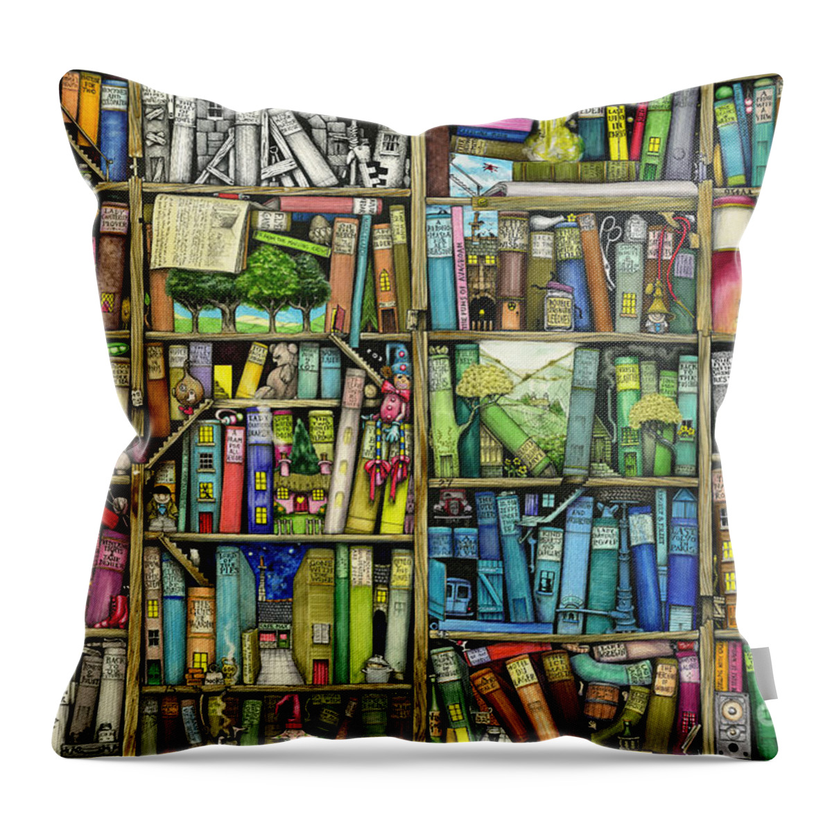 Colin Thompson Throw Pillow featuring the digital art Bookshelf by MGL Meiklejohn Graphics Licensing