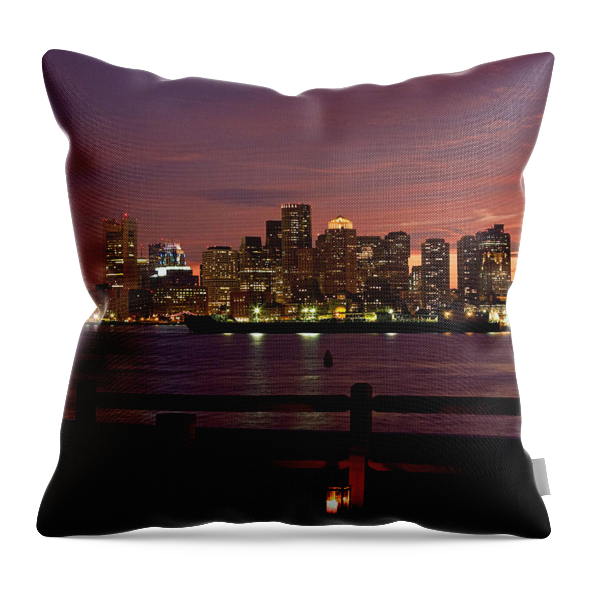 Boston Harbor Throw Pillow featuring the photograph Boston skyline sunset by Jeff Folger