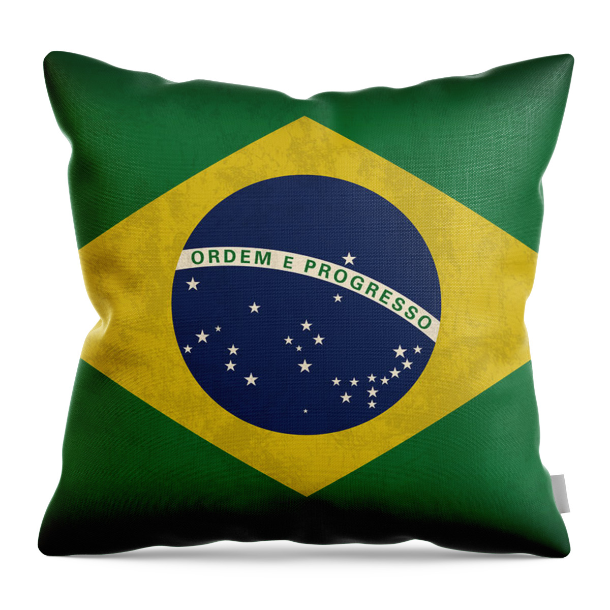 Brazil Flag Throw Pillow featuring the mixed media Brazil Flag Vintage Distressed Finish by Design Turnpike
