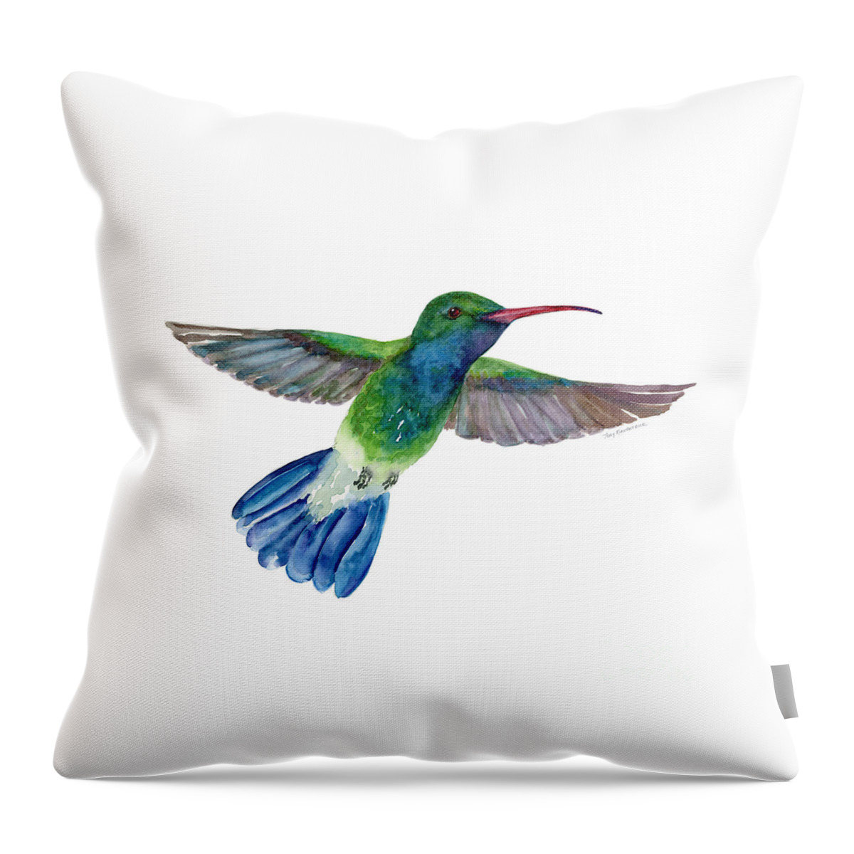 Bird Throw Pillow featuring the painting BroadBilled Fan Tail Hummingbird by Amy Kirkpatrick