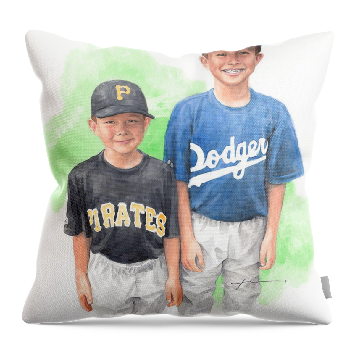 <a Href=http://miketheuer.com Target =_blank>www.miketheuer.com</a> Brothers In Baseball Watercolor Portrait Mike Theuer Throw Pillow featuring the painting Brothers In Baseball Watercolor Portrait by Mike Theuer