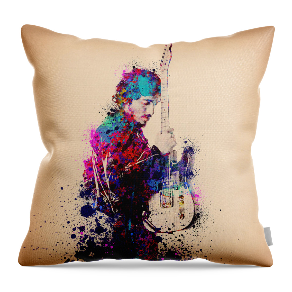 Music Throw Pillow featuring the painting Bruce Springsteen Splats And Guitar by Bekim M
