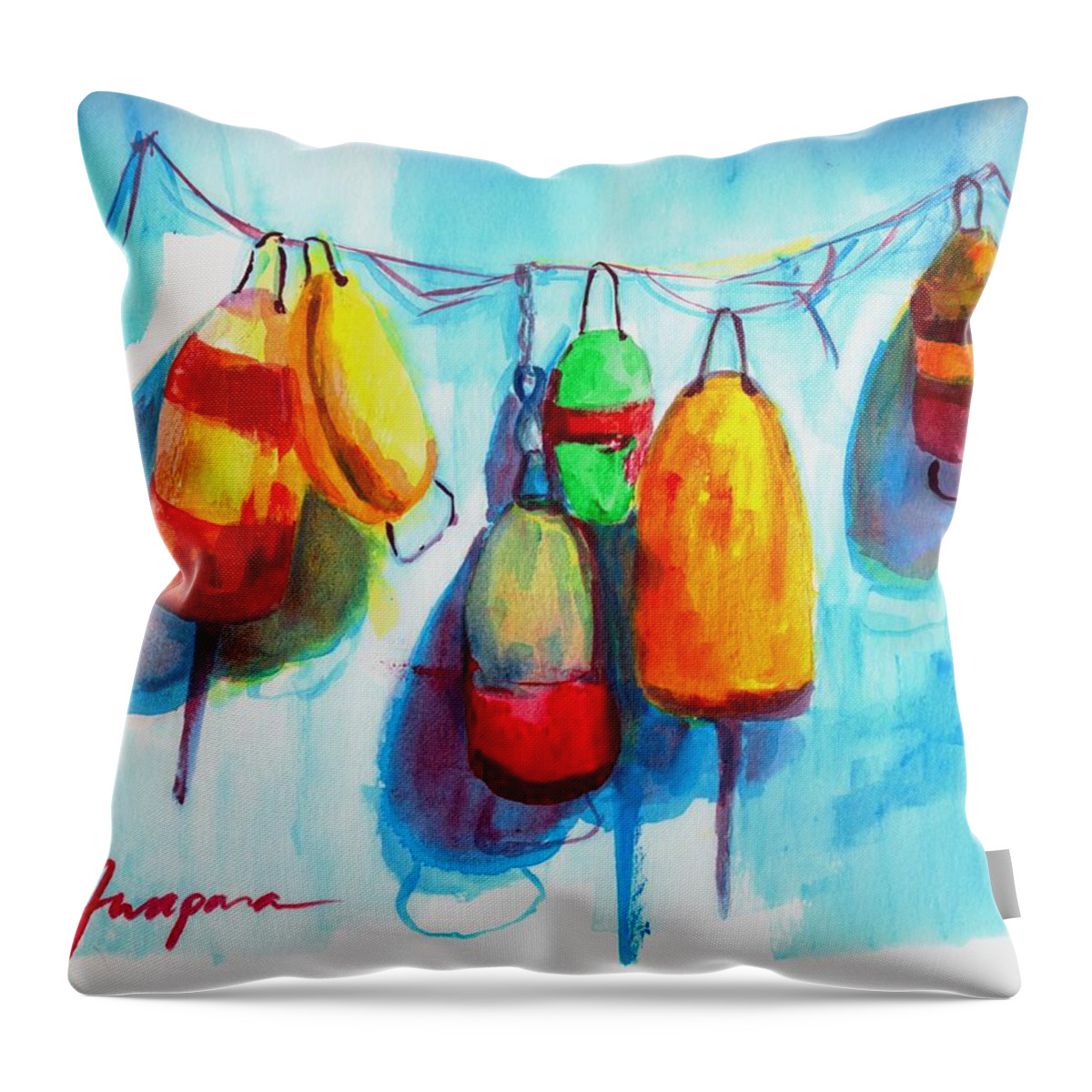 Buoys And Boat Floats Watercolor Art Throw Pillow featuring the painting Colorful Buoys by Patricia Awapara