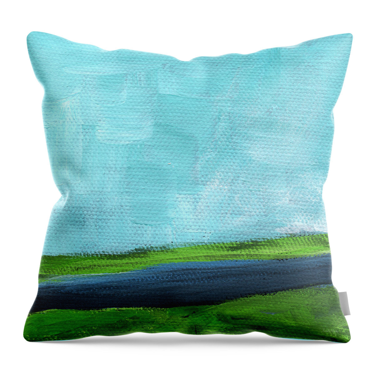 River Throw Pillow featuring the painting By The River- abstract landscape painting by Linda Woods