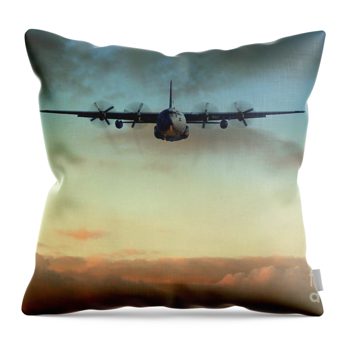 C130 Throw Pillow featuring the digital art C-130E Inbound by Airpower Art