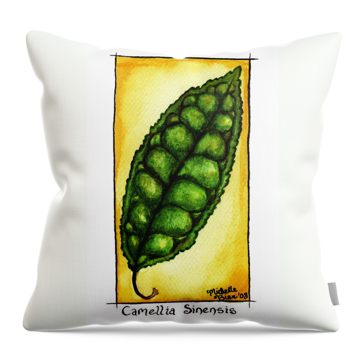 Camellia Sinensis Throw Pillow featuring the painting Camellia Sinensis Leaf by Michelle Bien