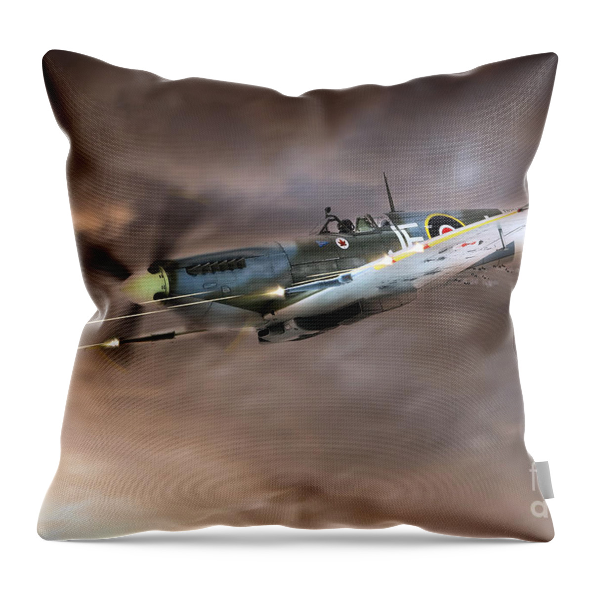 Supermarine Spitfire Throw Pillow featuring the digital art Cannons Blazing by Airpower Art