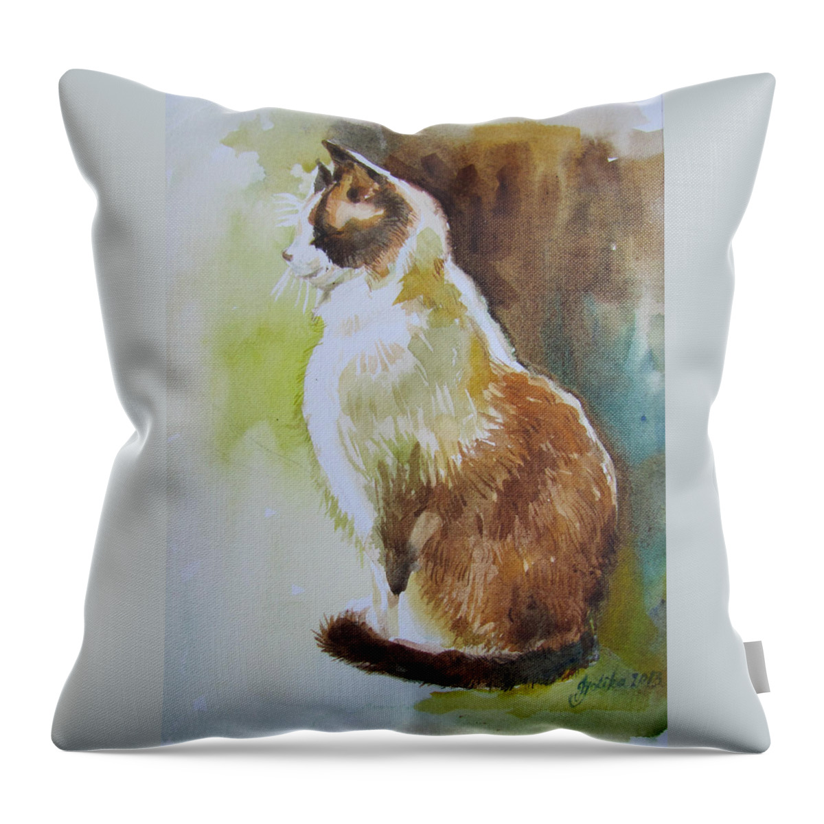 Cat Throw Pillow featuring the painting White and Brown Cat by Jyotika Shroff