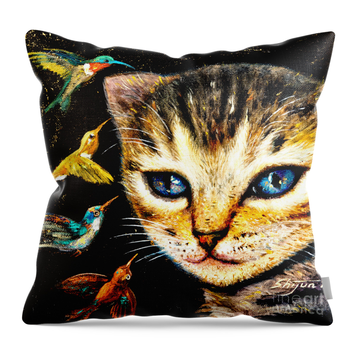 Cat Throw Pillow featuring the painting Cat with Hummingbirds by Shijun Munns