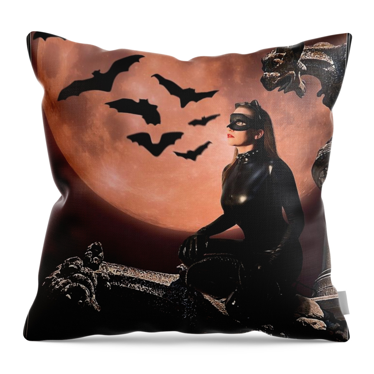 Cat Woman Throw Pillow featuring the painting Cat vs Bat by Jon Volden