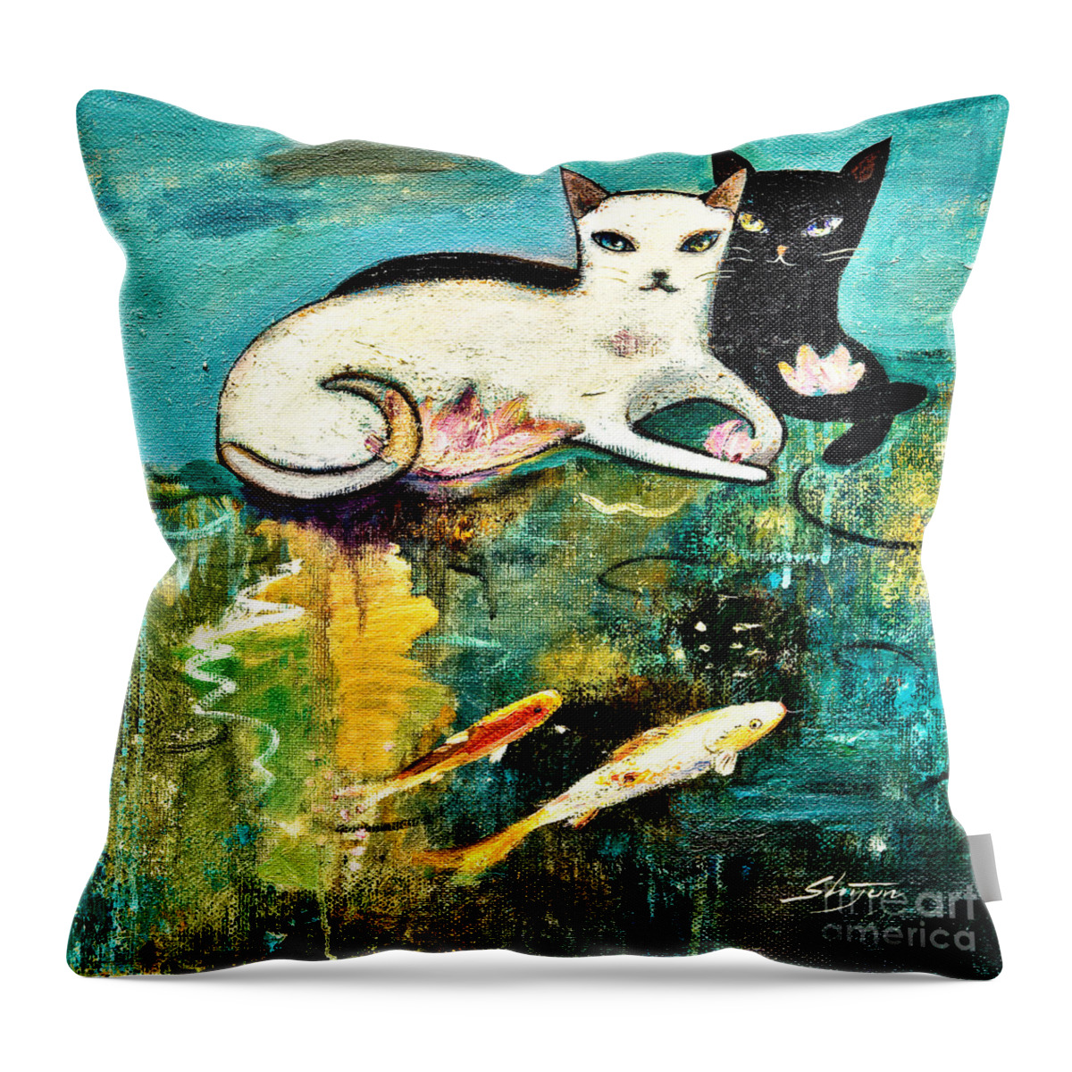 Black Cat Throw Pillow featuring the painting Cats with koi by Shijun Munns