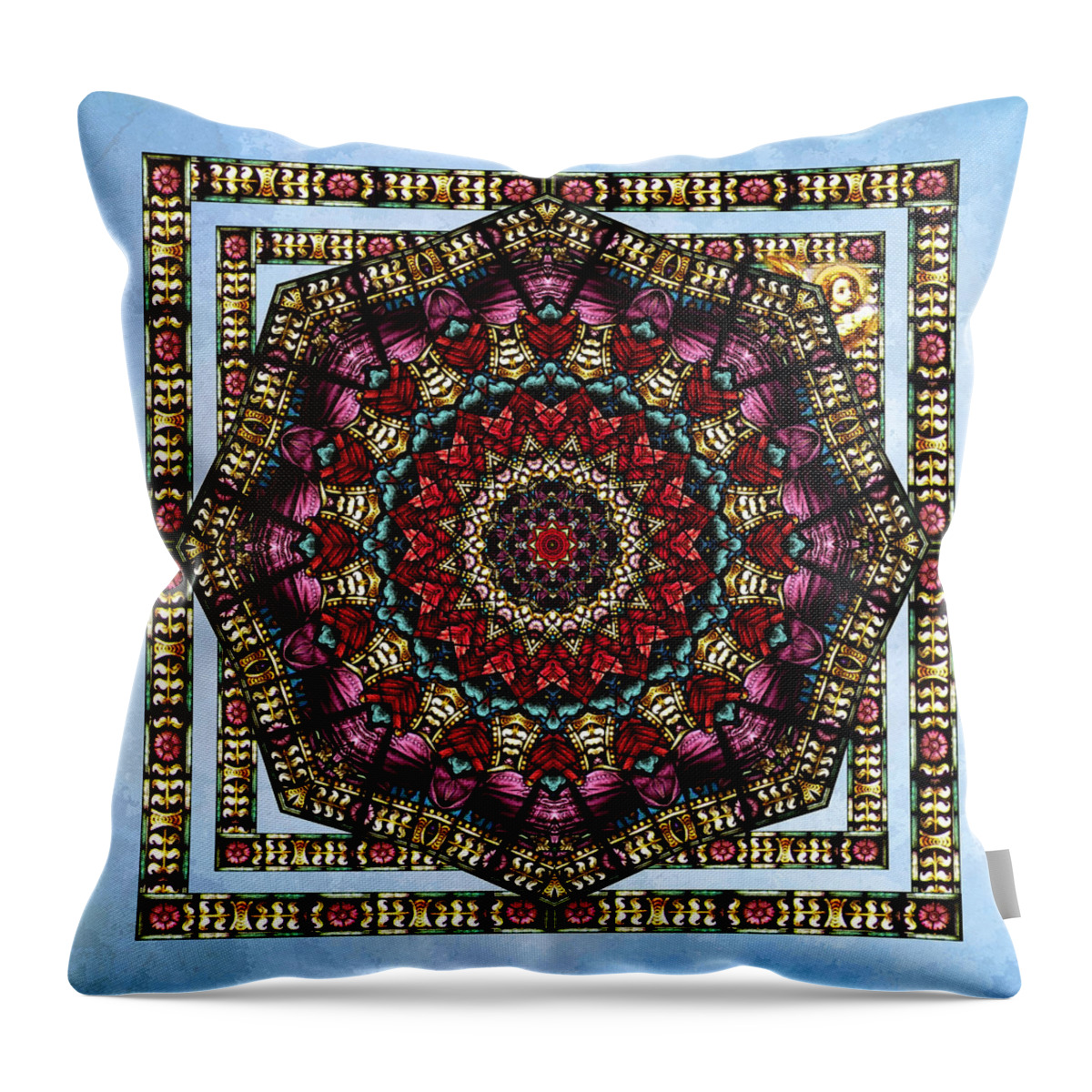 stained Glass Throw Pillow featuring the digital art Cherub Window Kaleidoscope by Deborah Smith