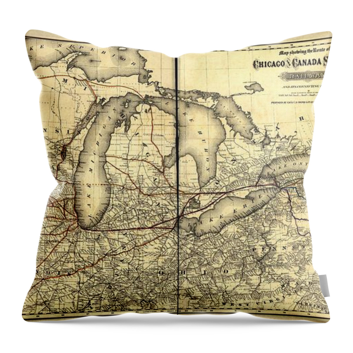 Vintage Throw Pillow featuring the photograph Chicago and Canada Southern Railway Route Map by Georgia Fowler
