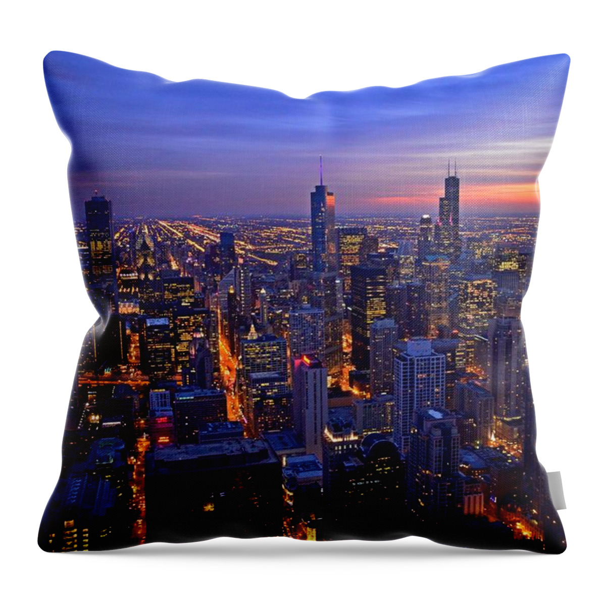 Chicago Throw Pillow featuring the photograph Chicago Skyline at Dusk from John Hancock Signature Lounge by Jeff at JSJ Photography