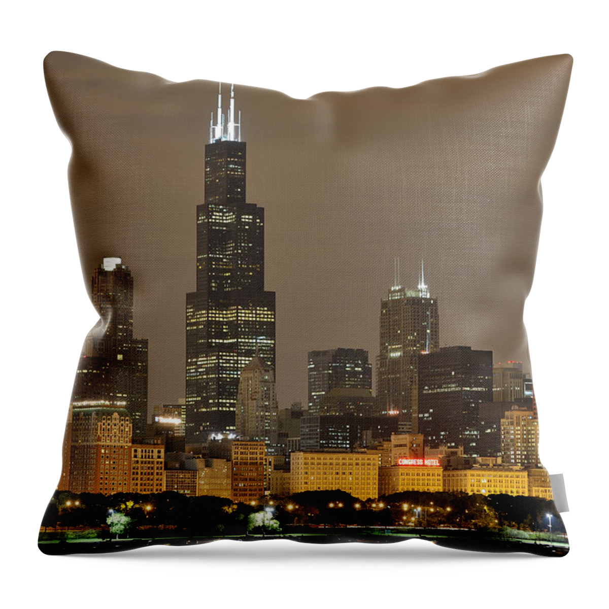 Chicago Skyline Throw Pillow featuring the photograph Chicago Skyline at Night by Sebastian Musial