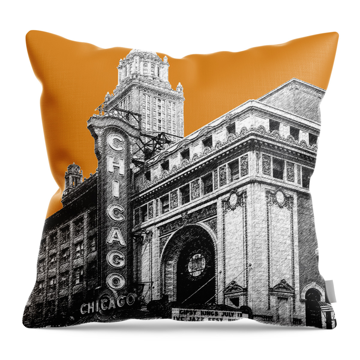 Architecture Throw Pillow featuring the digital art Chicago Theater - Dark Orange by DB Artist