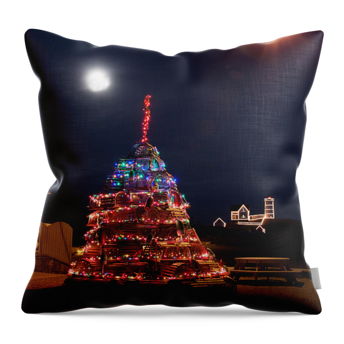 Lighthouse Photos Throw Pillow featuring the photograph Christmas at Maines Nubble Lighthouse by Jeff Folger