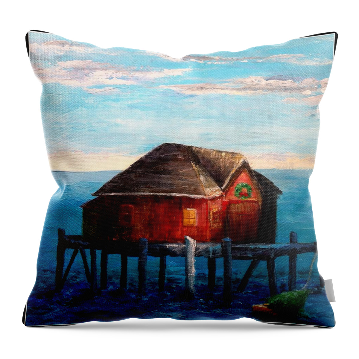 Fisherman Shack Painting Throw Pillow featuring the painting Christmasea by Deborah Naves