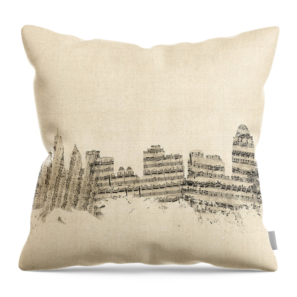 United States Throw Pillow featuring the digital art Cincinnati Ohio Skyline Sheet Music Cityscape by Michael Tompsett