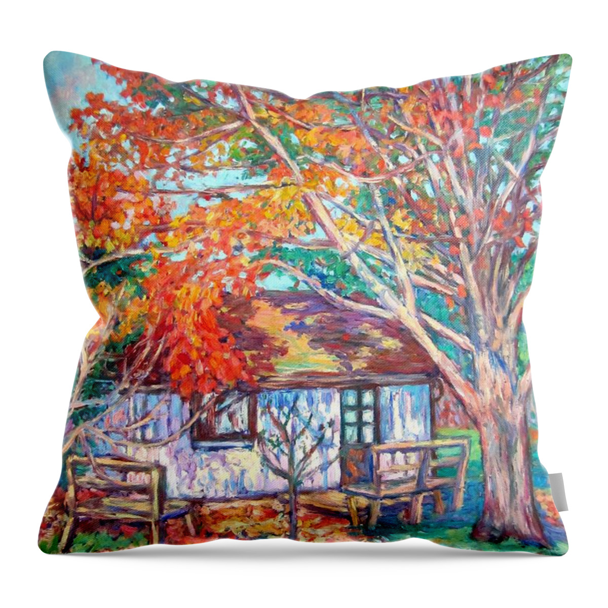 Claytor Lake Throw Pillow featuring the painting Claytor Lake Cabin in Fall by Kendall Kessler