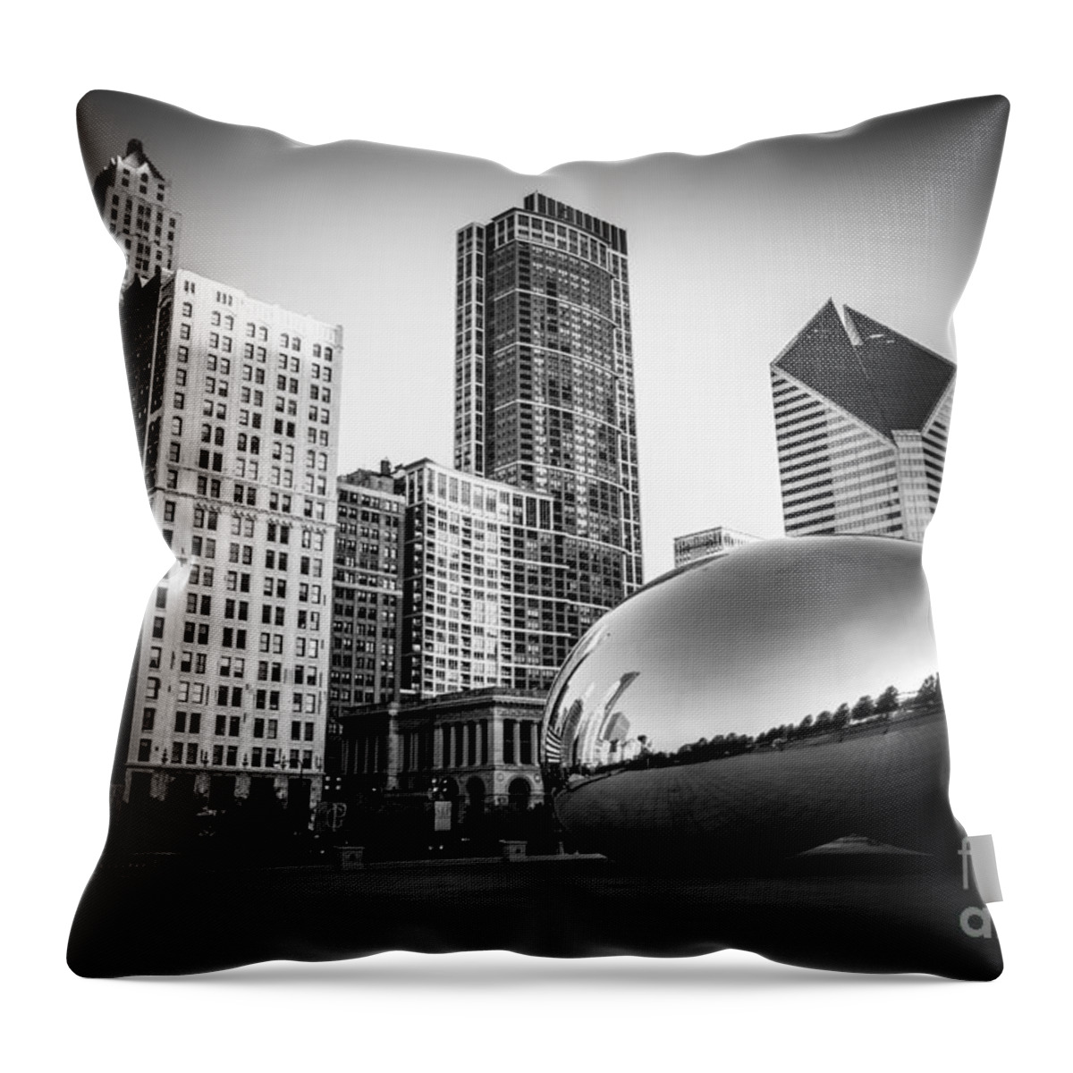 America Throw Pillow featuring the photograph Cloud Gate Bean Chicago Skyline in Black and White by Paul Velgos