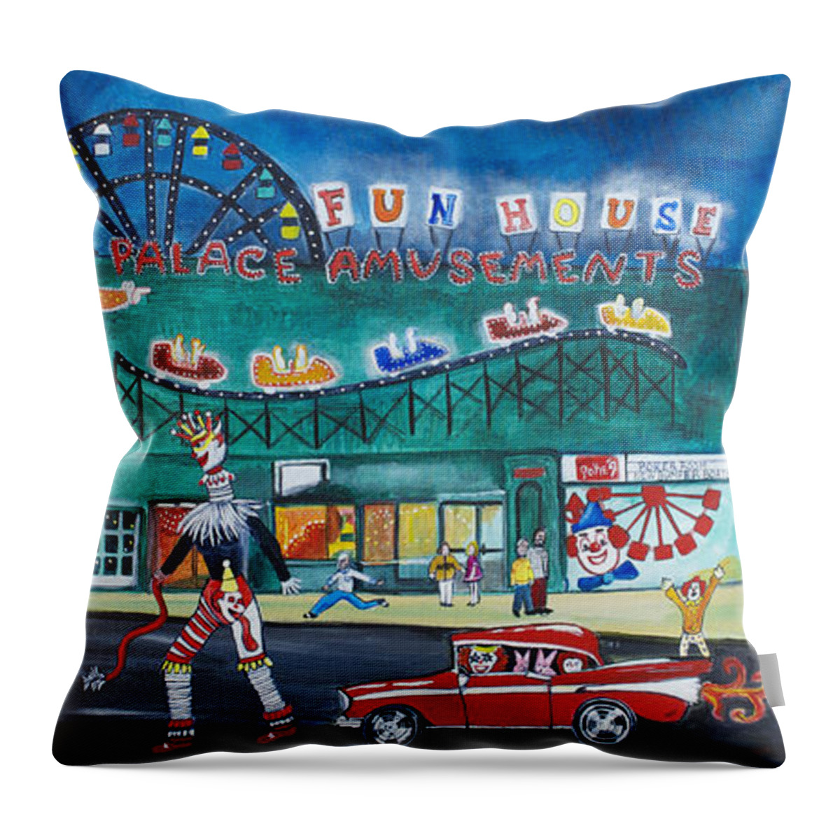 Asbury Park Art Throw Pillow featuring the painting Clown Parade at the Palace by Patricia Arroyo