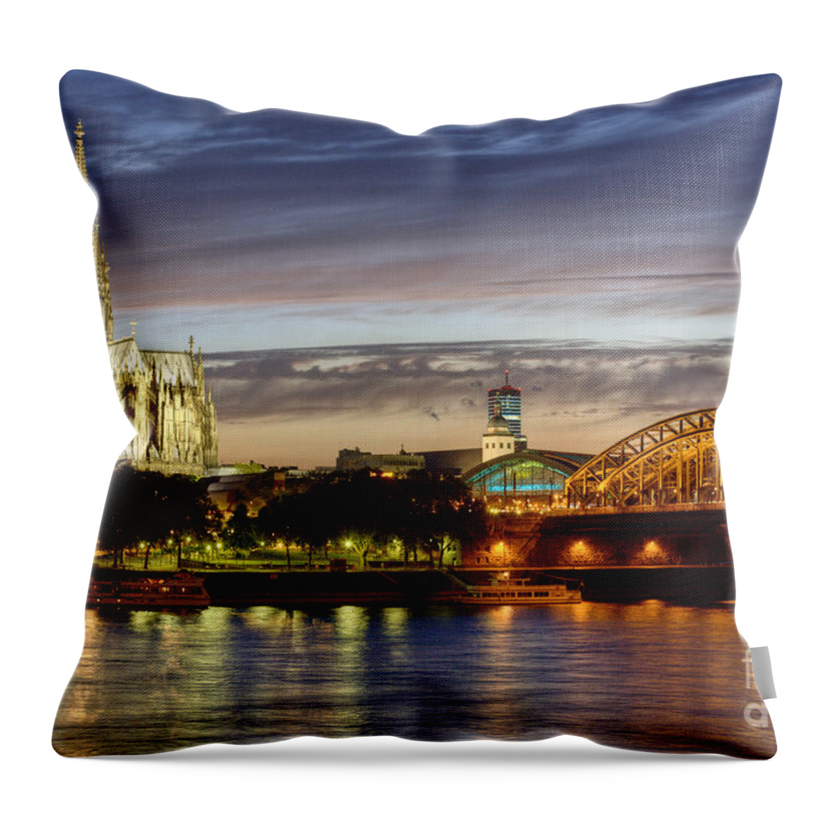 Cologne Throw Pillow featuring the photograph Cologne Cathedral with Rhine Riverside by Heiko Koehrer-Wagner