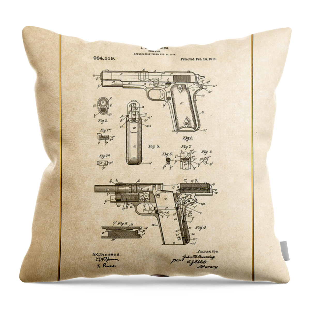 C7 Vintage Patents Weapons And Firearms Throw Pillow featuring the digital art Colt 1911 by John M. Browning - Vintage Patent Document by Serge Averbukh
