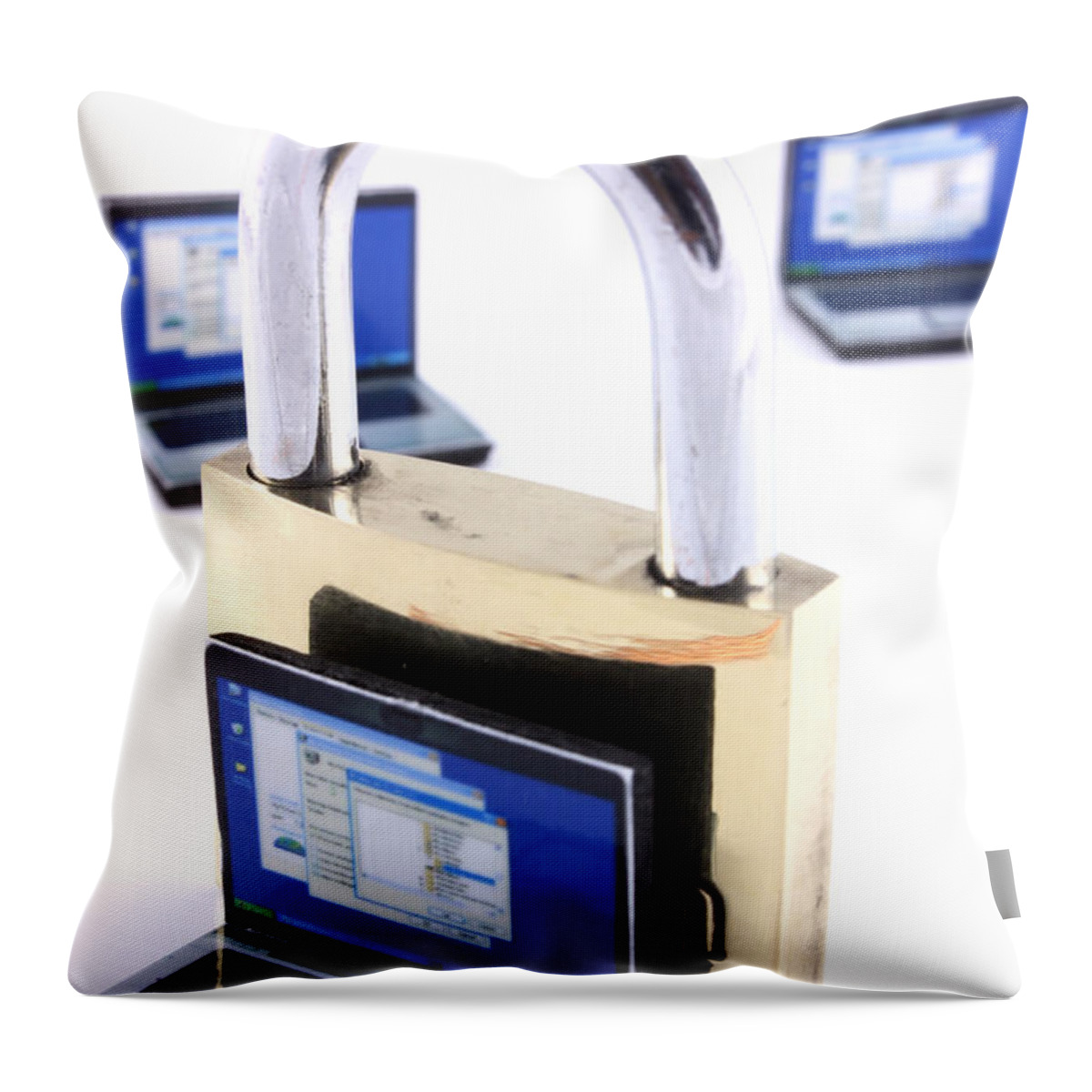 Unlocked Throw Pillow featuring the photograph Computer security concept by Simon Bratt