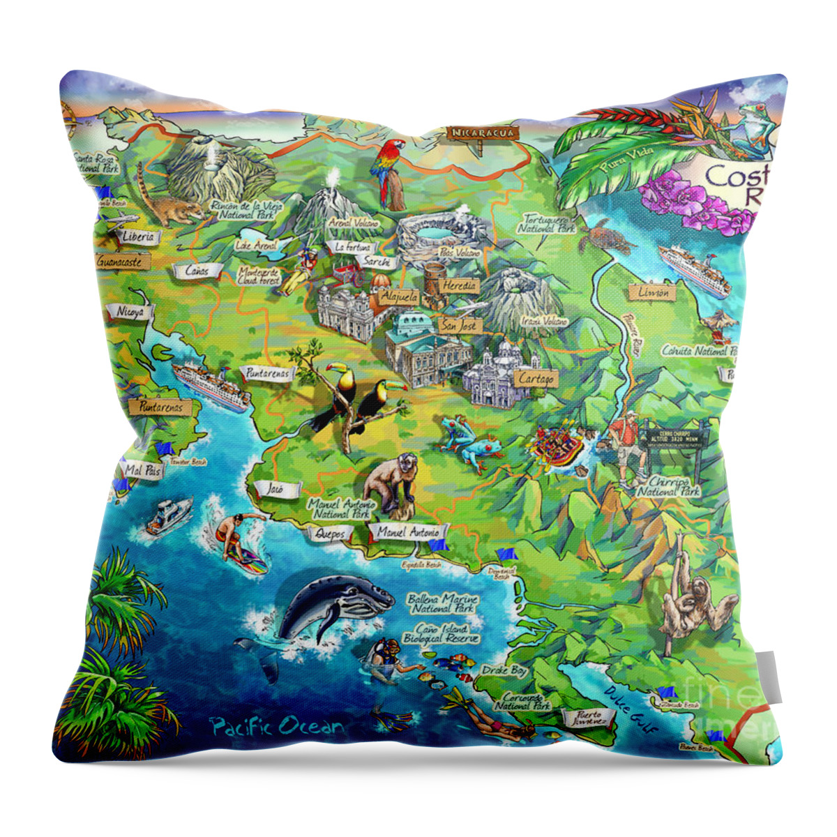 Costa Rica Throw Pillow featuring the painting Costa Rica map illustration by Maria Rabinky