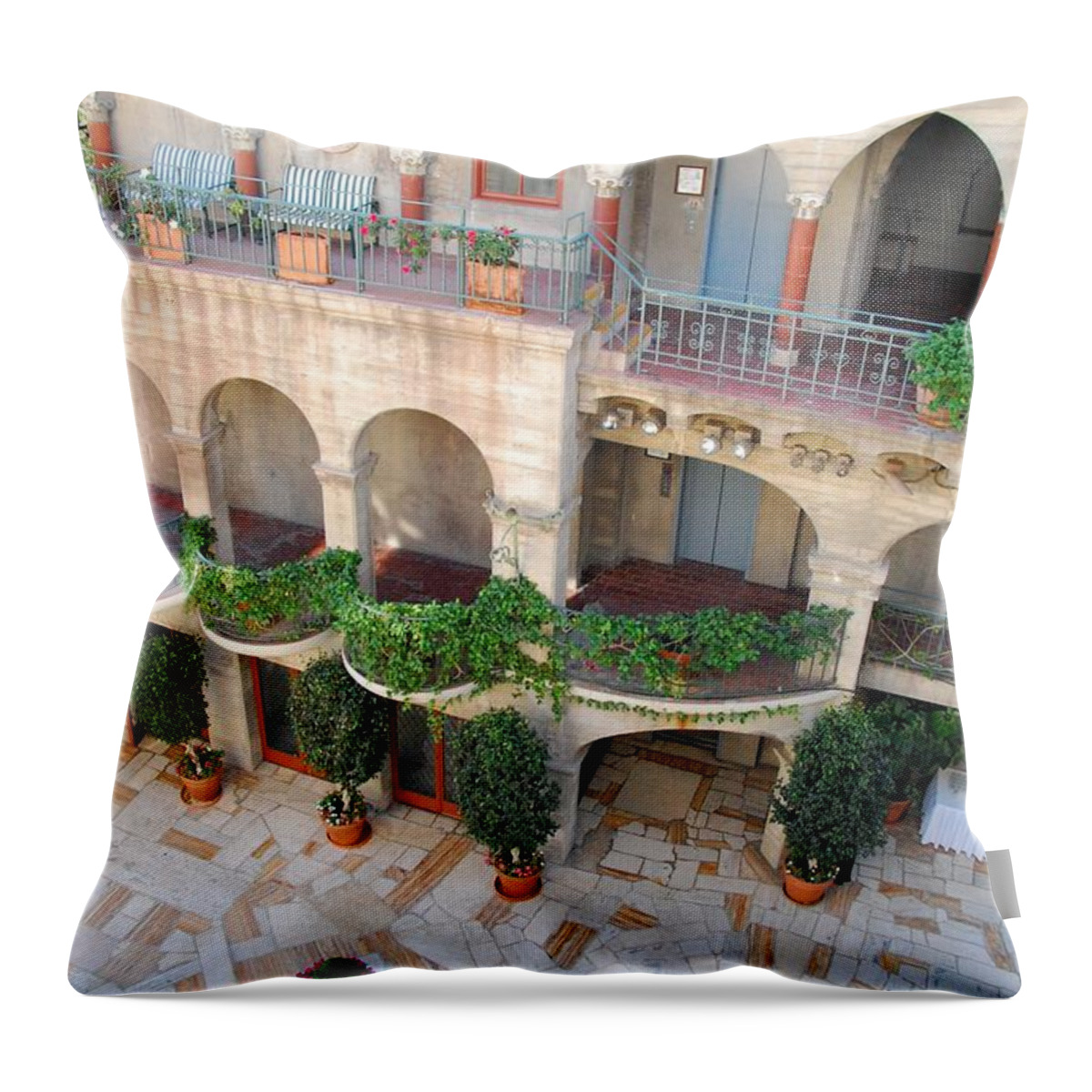 Mission Inn Throw Pillow featuring the photograph Courtyard 2 by Amy Fose