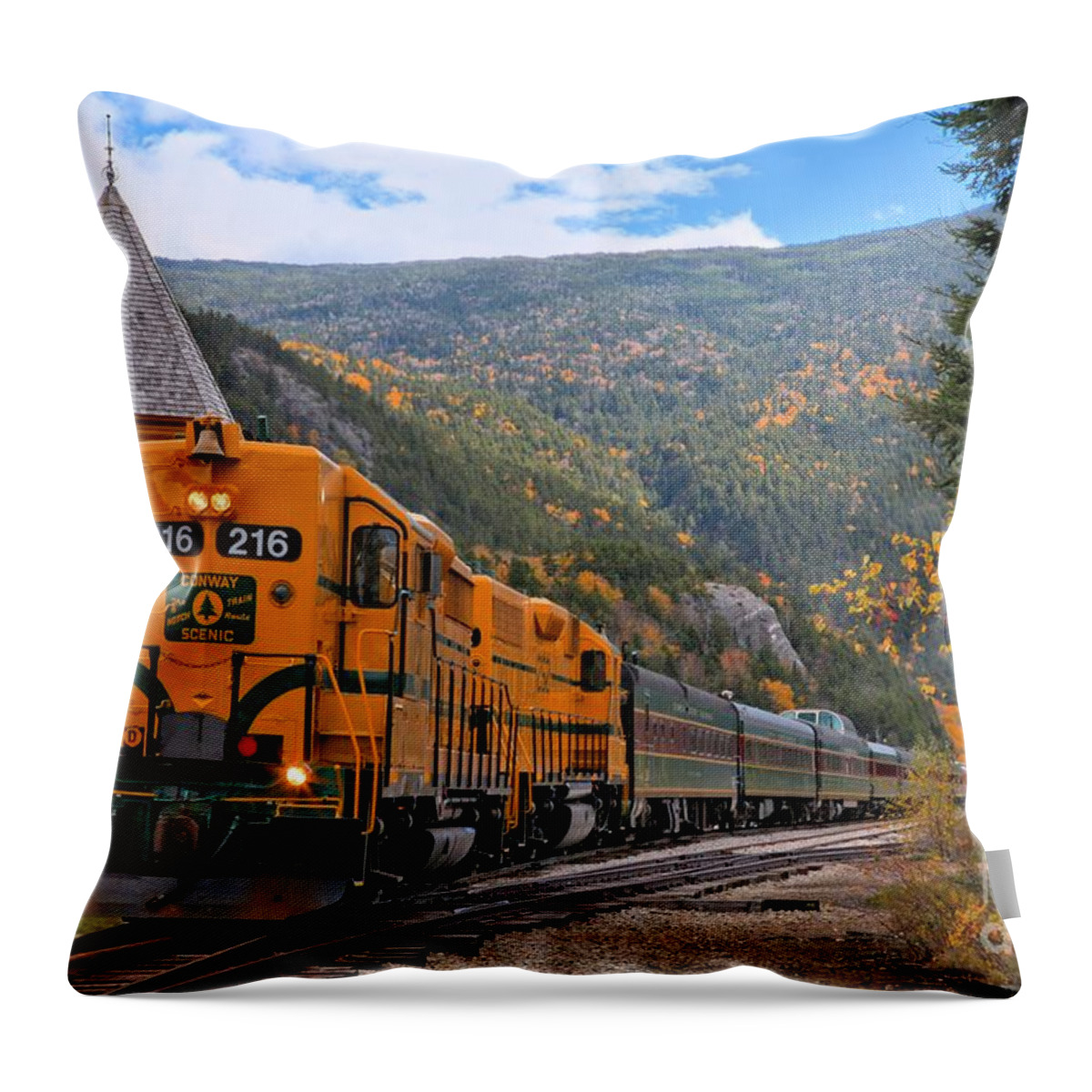 Conway Railroad Throw Pillow featuring the photograph Crawford Notch Train Depot by Adam Jewell