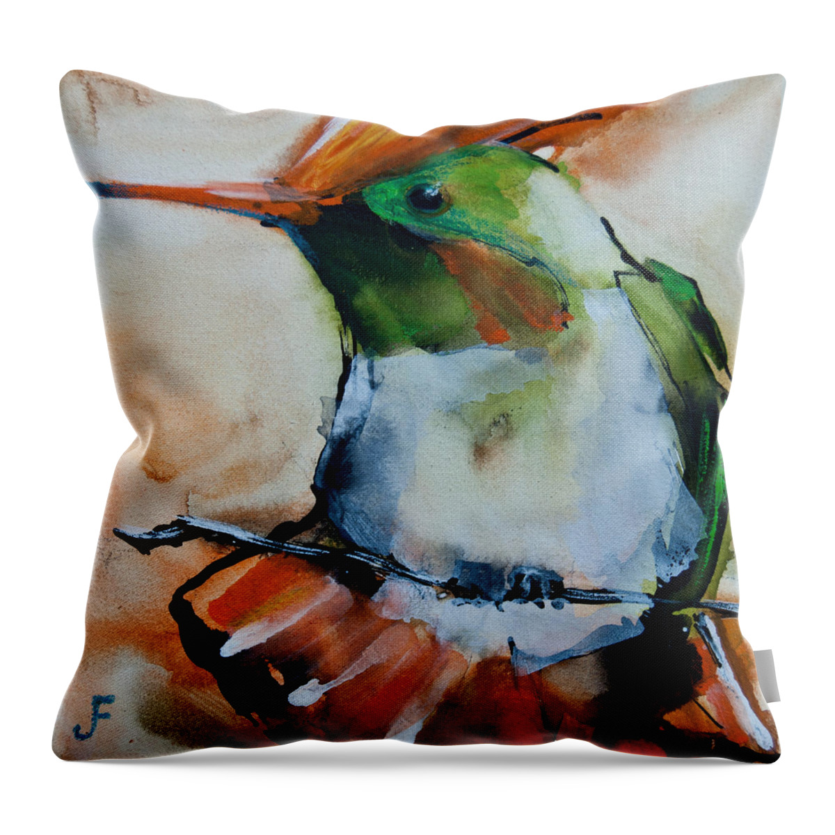 Hummingbird Throw Pillow featuring the painting Crested Croquette Hummingbird by Jani Freimann