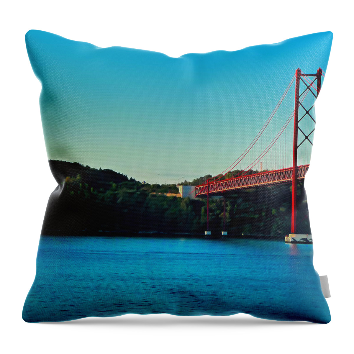 Lisbon Throw Pillow featuring the photograph Cristo Rei and the 25 de Abril Bridge by Mitchell R Grosky