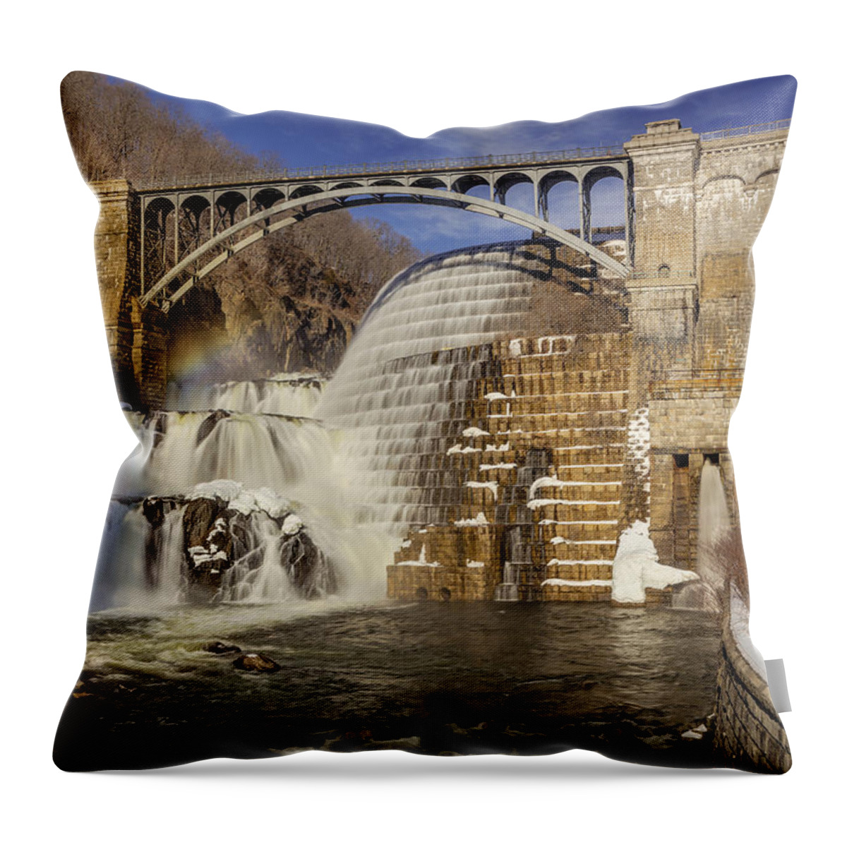 Croton Dam Throw Pillow featuring the photograph Croton Dam And Rainbow by Susan Candelario