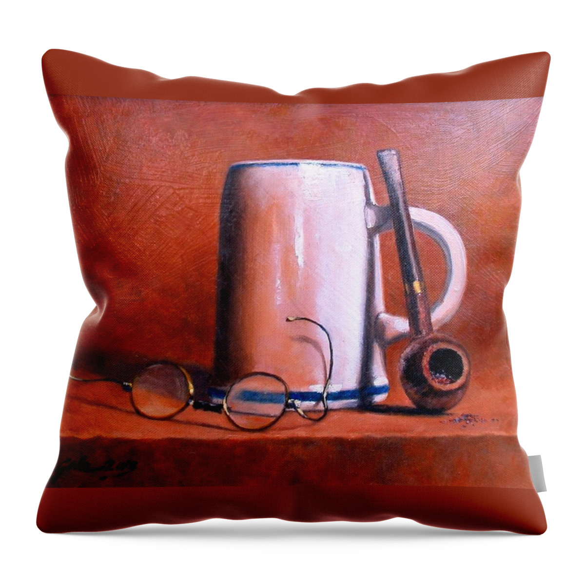 Cups Throw Pillow featuring the painting Cup Pipe and Glasses by Jim Gola