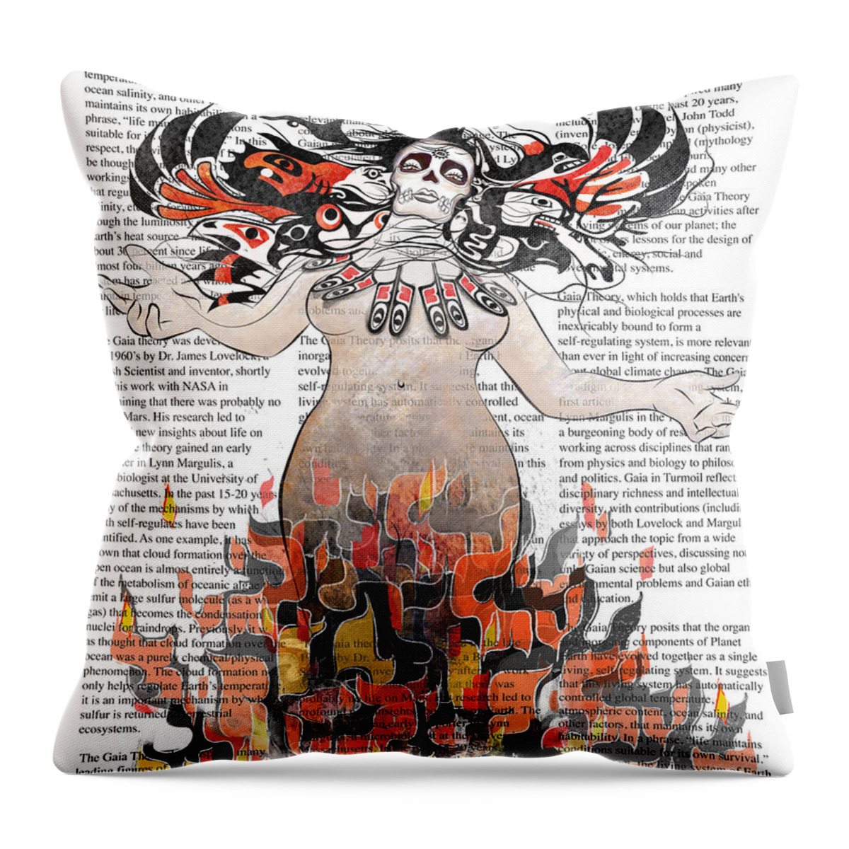 Gaia Throw Pillow featuring the digital art Day of the Dead Gaia in Flames with Text Illustration print by Sassan Filsoof