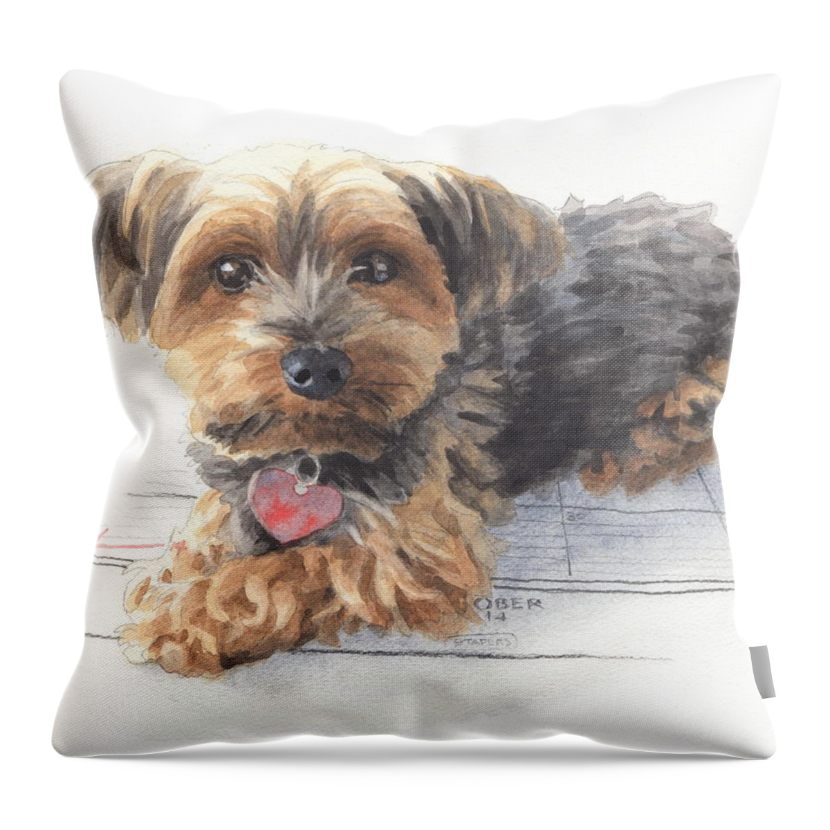 <a Href=http://miketheuer.com Target =_blank>www.miketheuer.com</a> Desktop Calendar Yorky Dog Watercolor Portrait Mike Theuer Throw Pillow featuring the drawing Desktop Calendar Yorky Dog Watercolor Portrait by Mike Theuer