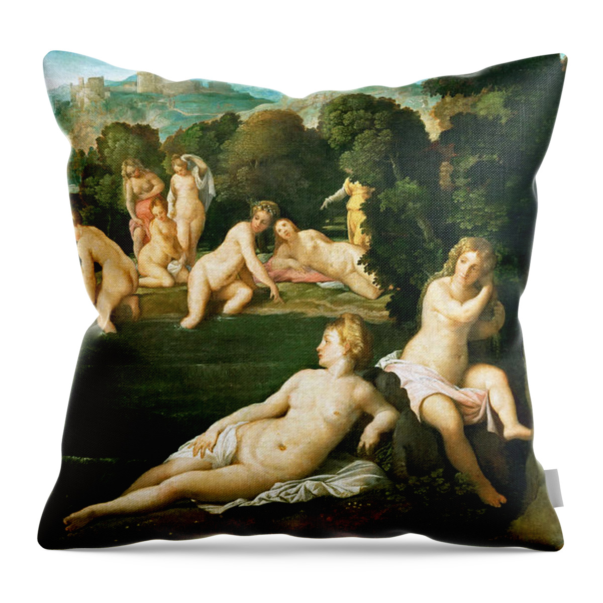 Palma Vecchio Throw Pillow featuring the painting Diana and Callisto by Palma Vecchio