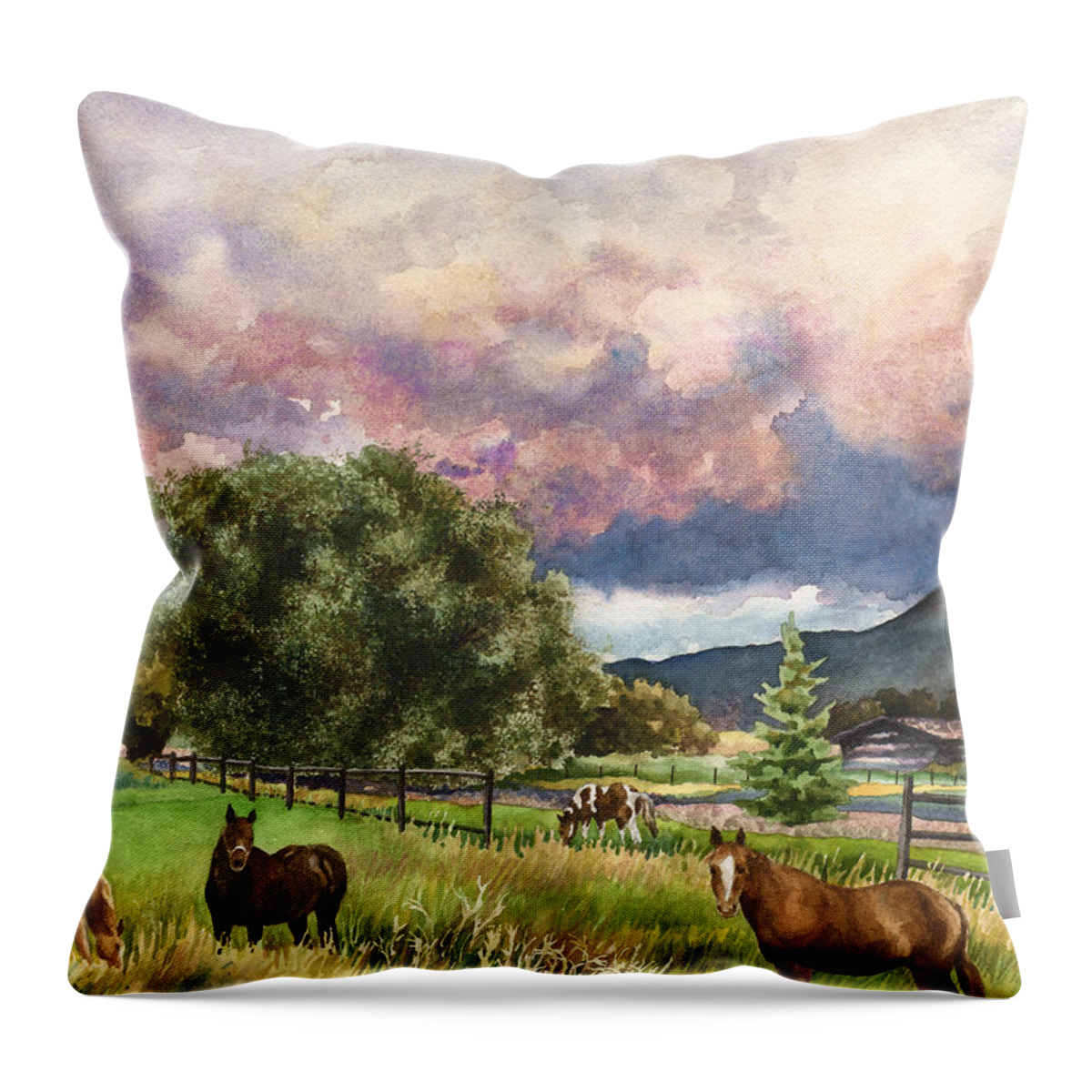 Horse Painting Throw Pillow featuring the painting Dinner at Dusk by Anne Gifford