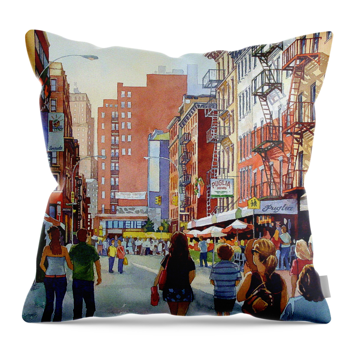 Watercolor Throw Pillow featuring the painting Dinner in Little Italy by Mick Williams