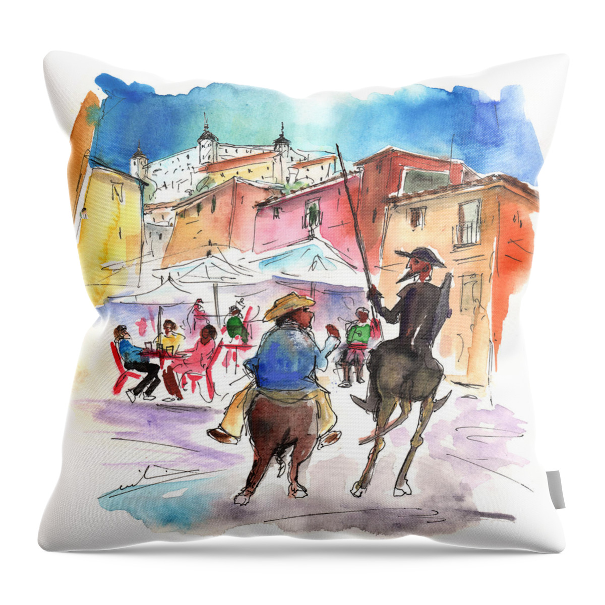 Travel Throw Pillow featuring the painting Don Quijote and Sancho Panza Entering Toledo by Miki De Goodaboom