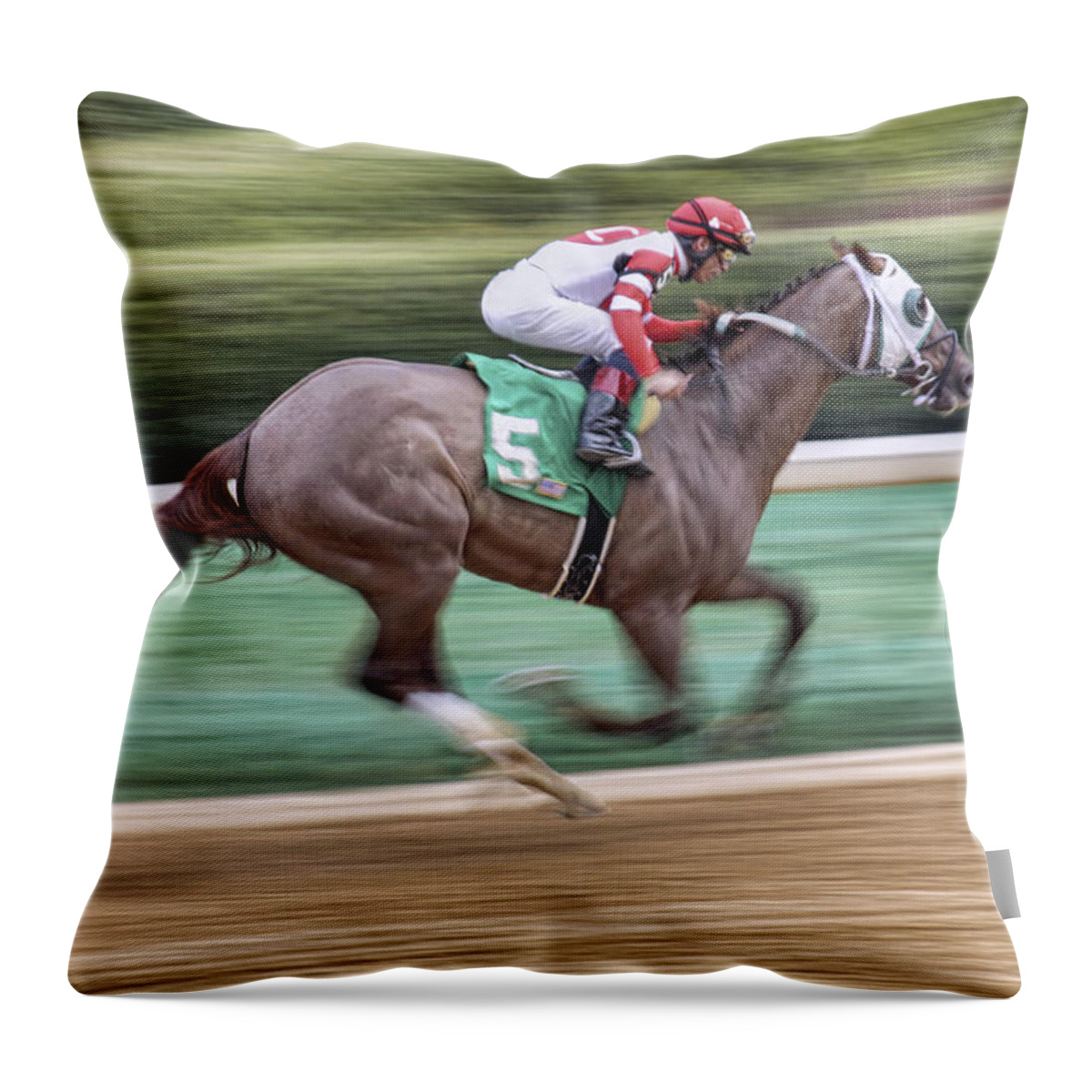 Horse Racing Throw Pillow featuring the photograph Down the Stretch - Horse Racing - Jockey by Jason Politte