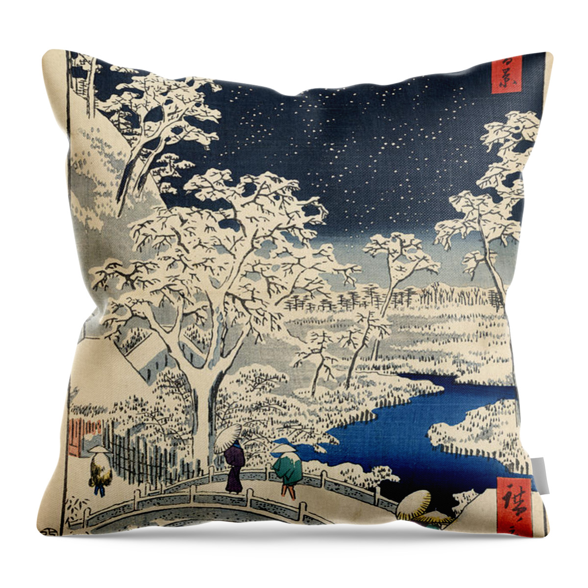 Meguro Throw Pillow featuring the digital art Drum Bridge at Meguro and Sunset Hill by Georgia Fowler