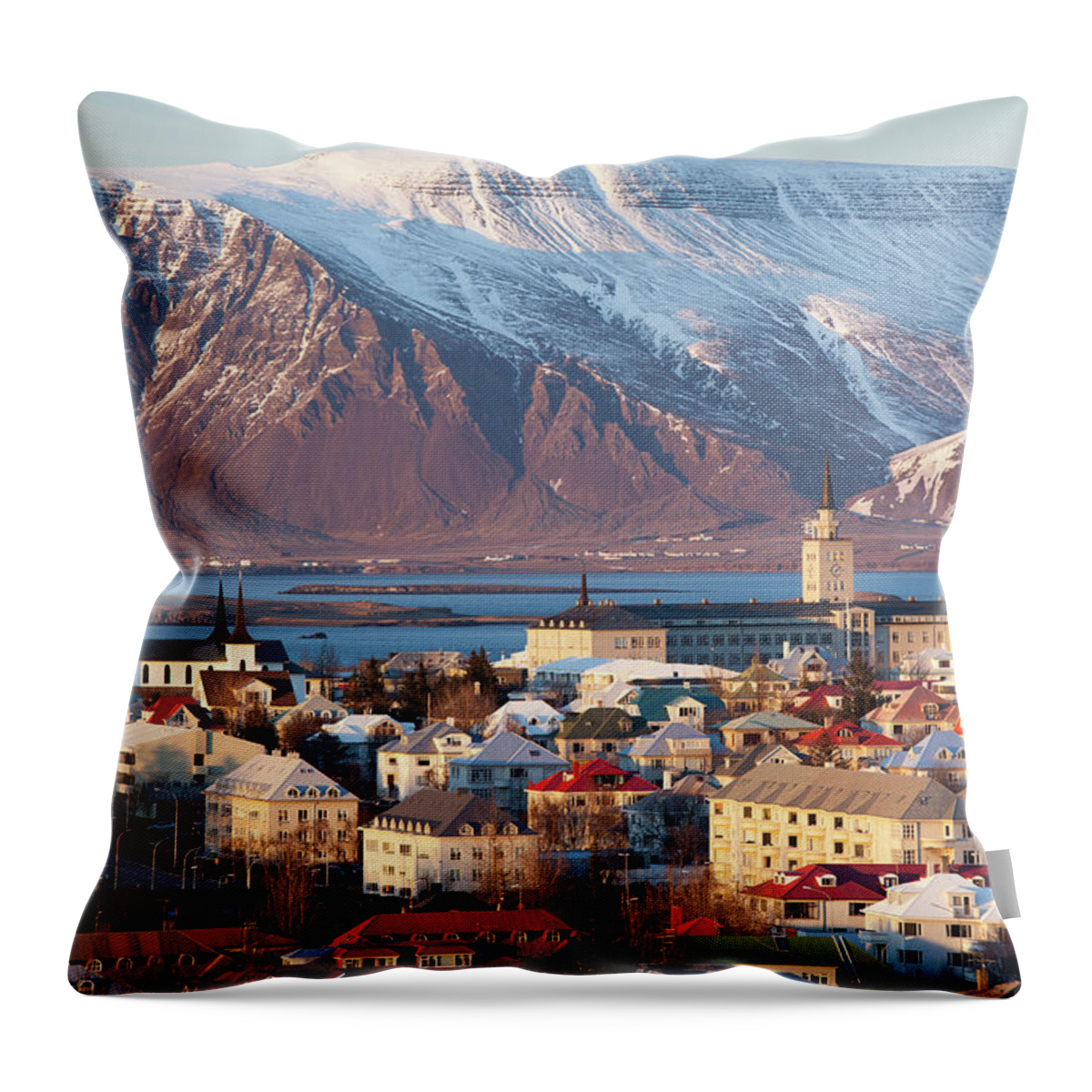Snow Throw Pillow featuring the photograph Elevated View Over Reykjavik, Iceland by Travelpix Ltd