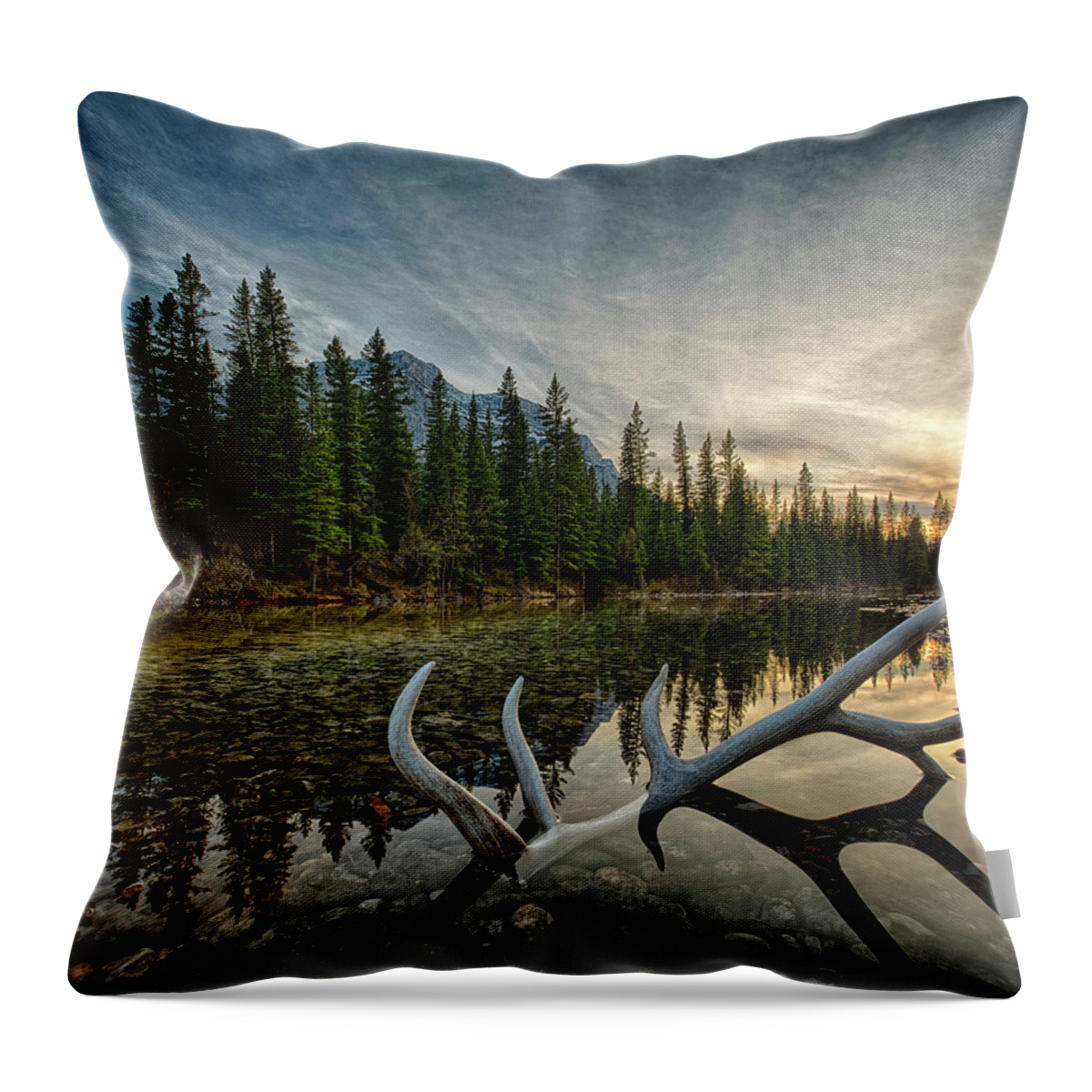 Scenics Throw Pillow featuring the photograph Elk Antler Adds Reflection To Mountain by Ascent Xmedia