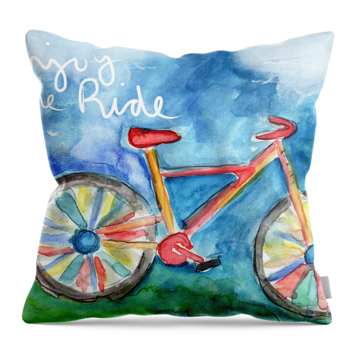Bike Throw Pillow featuring the painting Enjoy The Ride- Colorful Bike Painting by Linda Woods